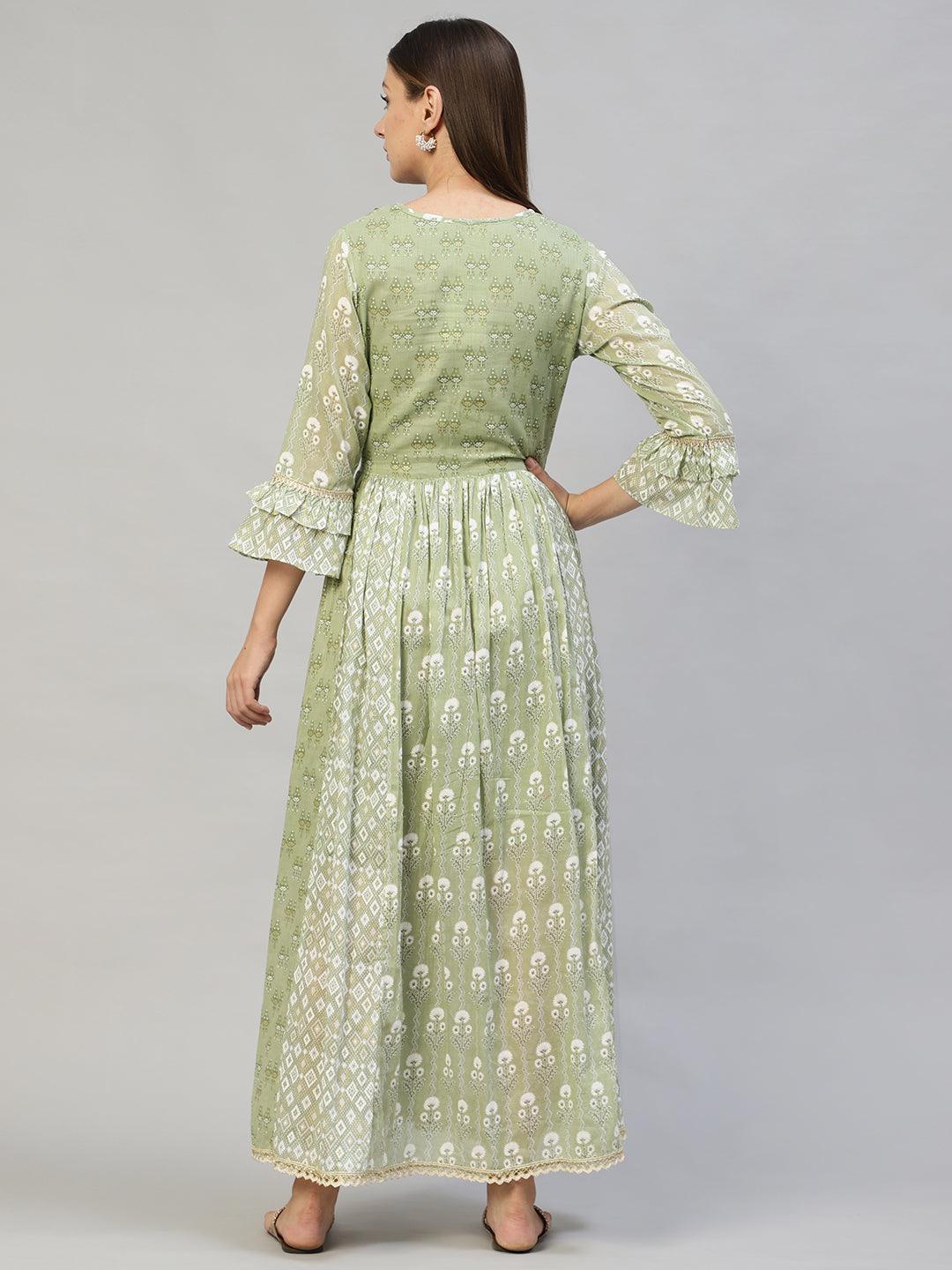 Ethnic Printed & Hand Embroidered Flared Maxi Dress - Pastel Green - Indiakreations