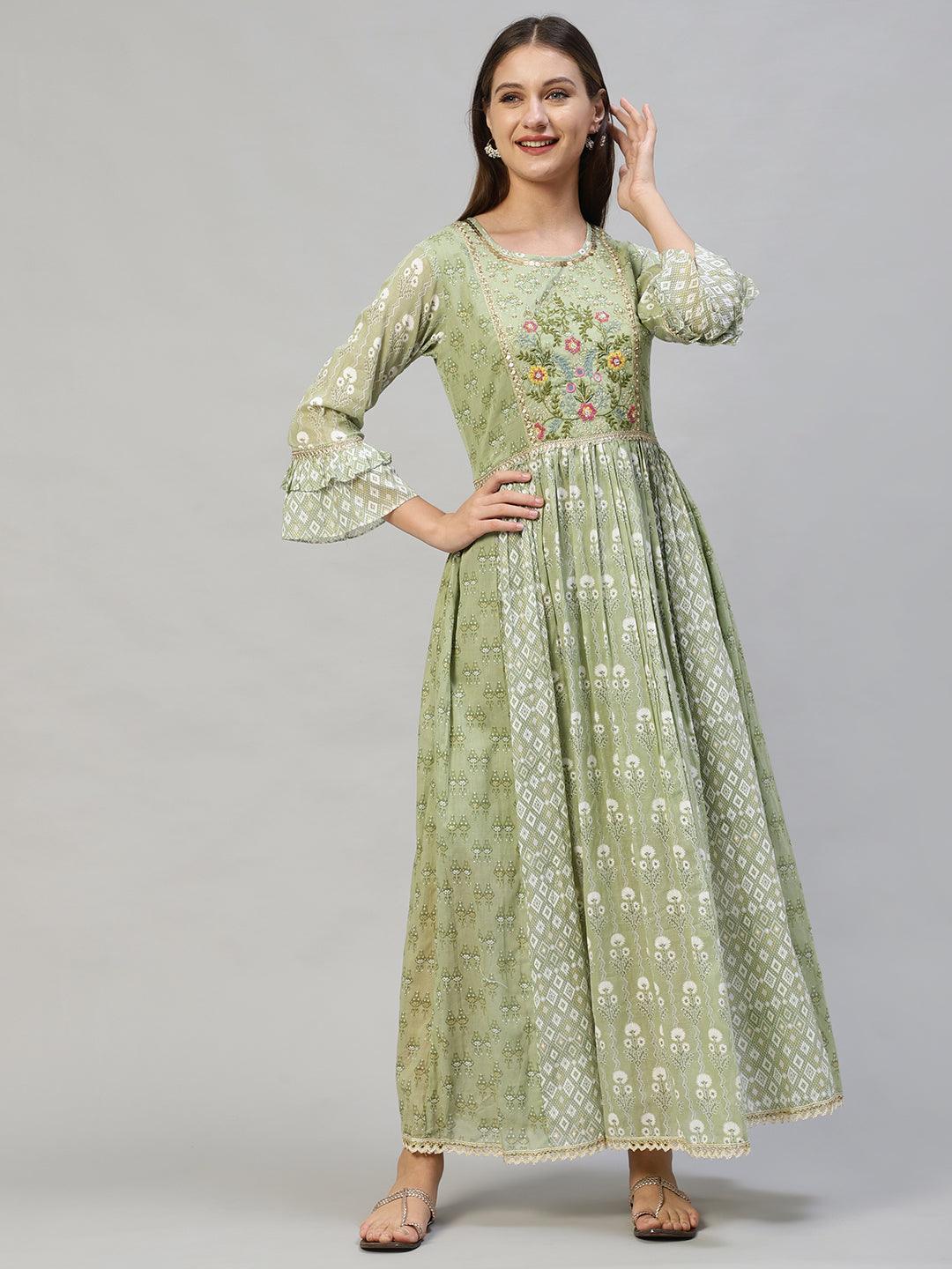 Ethnic Printed & Hand Embroidered Flared Maxi Dress - Pastel Green - Indiakreations