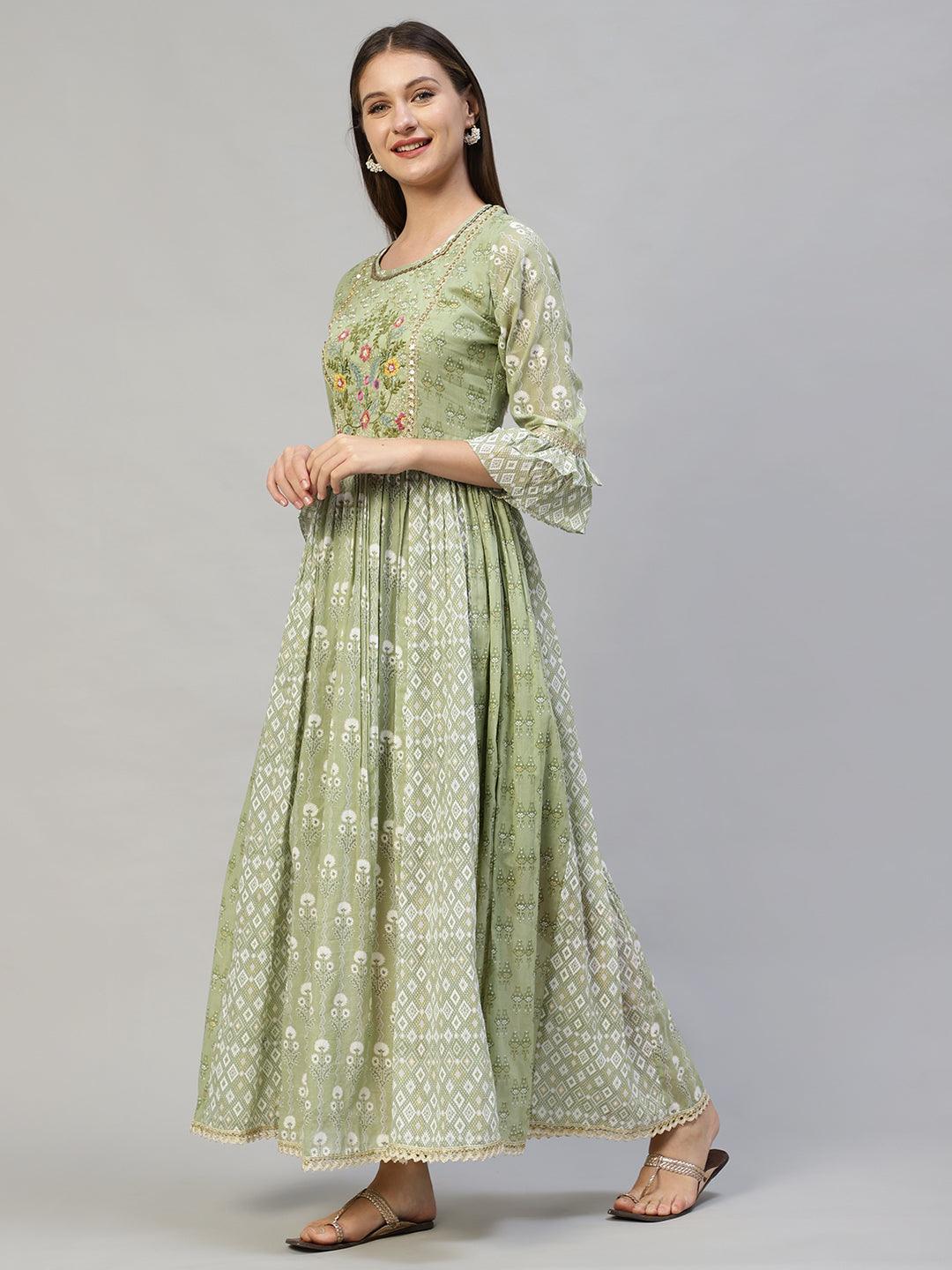 Ethnic Printed & Hand Embroidered Flared Maxi Dress - Pastel Green - Indiakreations