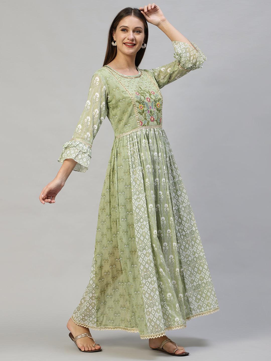 Ethnic Printed & Hand Embroidered Flared Maxi Dress - Pastel Green - Indiakreations