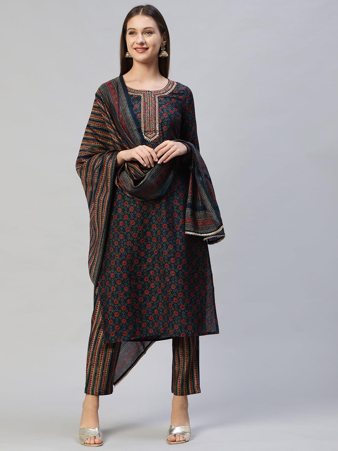 Ethnic Printed & Embroidered Straight Kurta with Pants and Dupatta - Sea Green - Indiakreations