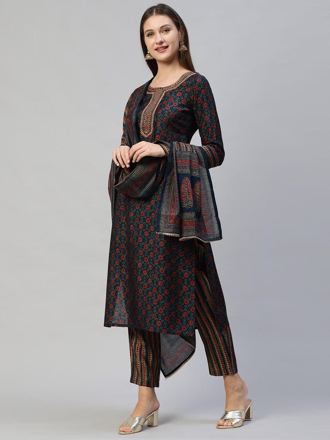 Ethnic Printed & Embroidered Straight Kurta with Pants and Dupatta - Sea Green - Indiakreations