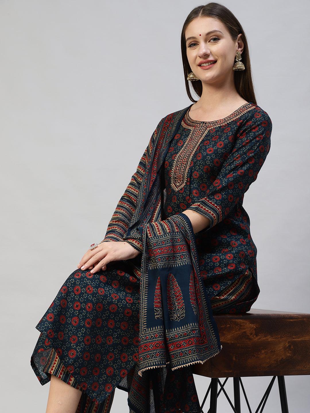 Ethnic Printed & Embroidered Straight Kurta with Pants and Dupatta - Sea Green - Indiakreations