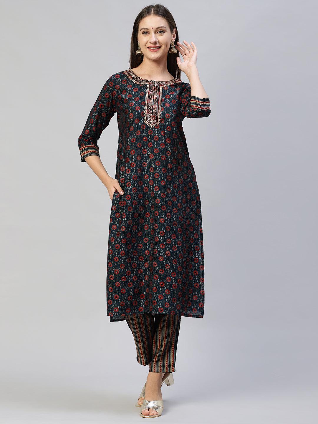 Ethnic Printed & Embroidered Straight Kurta with Pants and Dupatta - Sea Green - Indiakreations