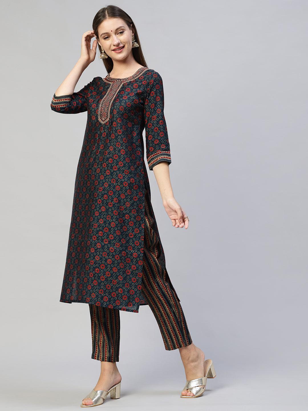 Ethnic Printed & Embroidered Straight Kurta with Pants and Dupatta - Sea Green - Indiakreations