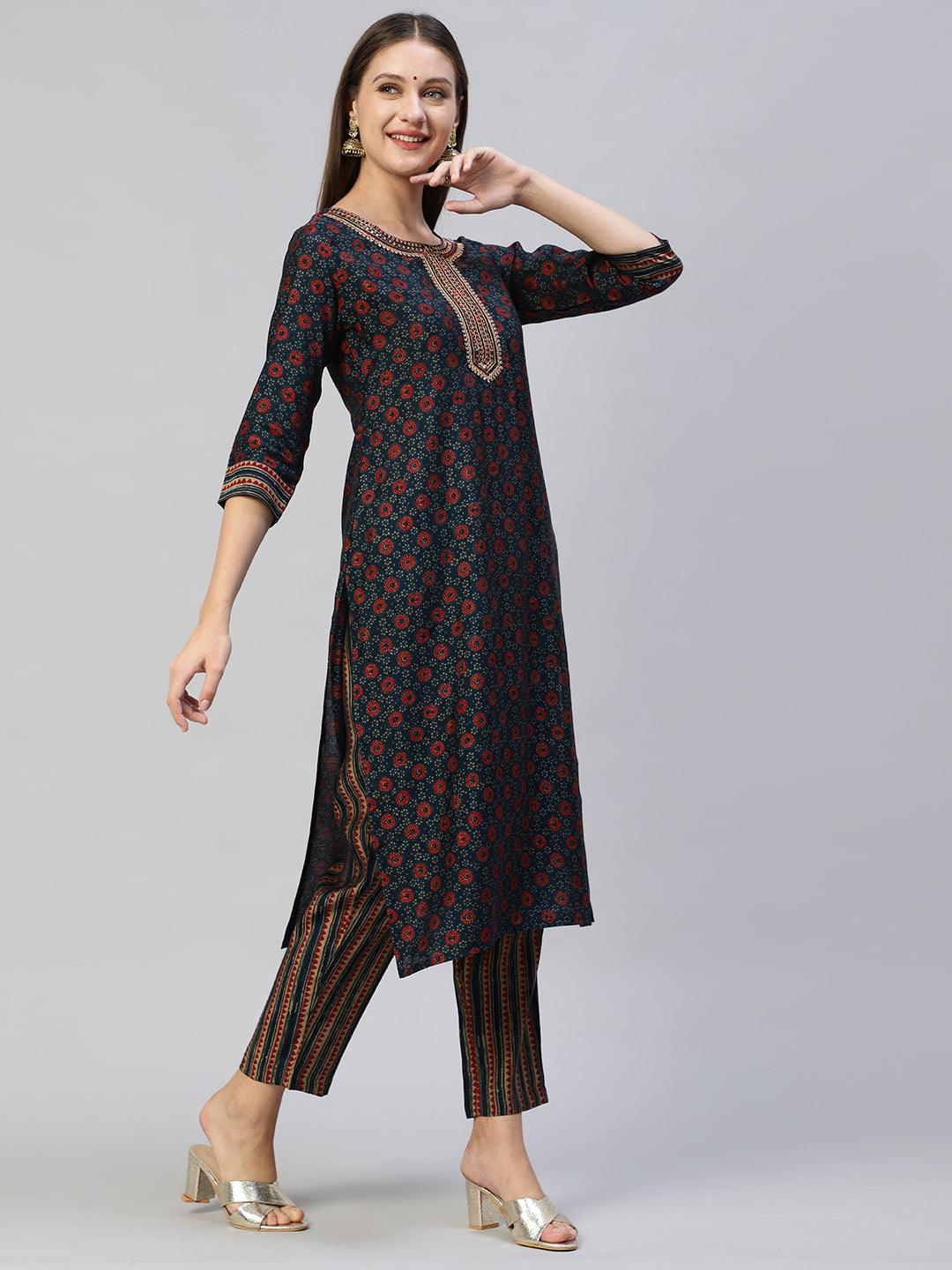 Ethnic Printed & Embroidered Straight Kurta with Pants and Dupatta - Sea Green - Indiakreations