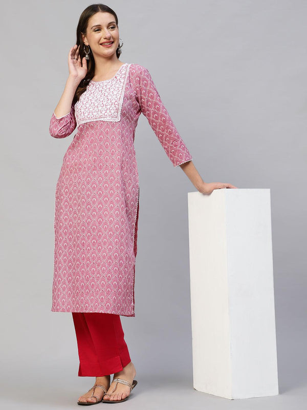 Ethnic Printed & Embroidered Straight Fit Kurta - Thulian Pink - Indiakreations