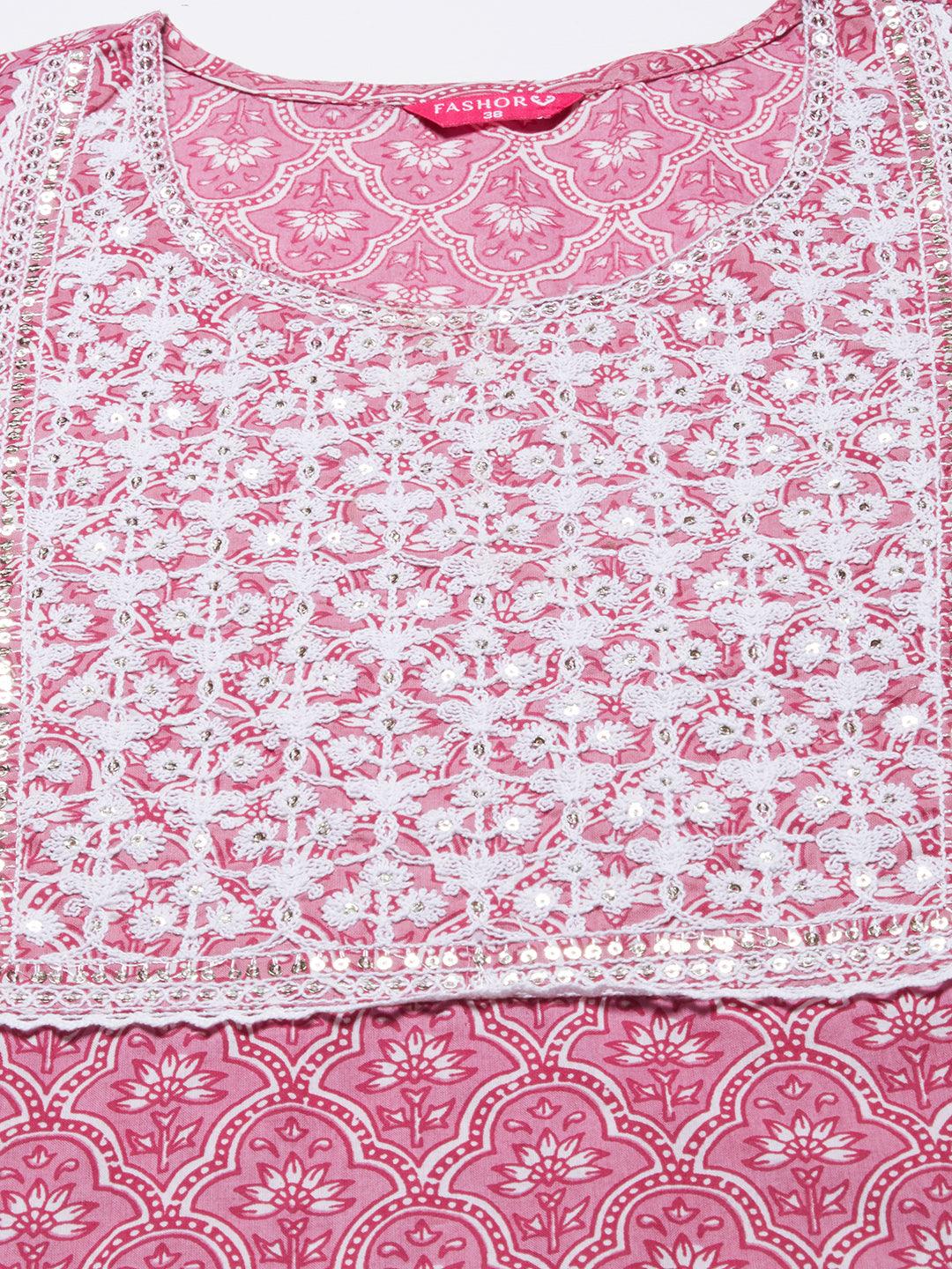 Ethnic Printed & Embroidered Straight Fit Kurta - Thulian Pink - Indiakreations