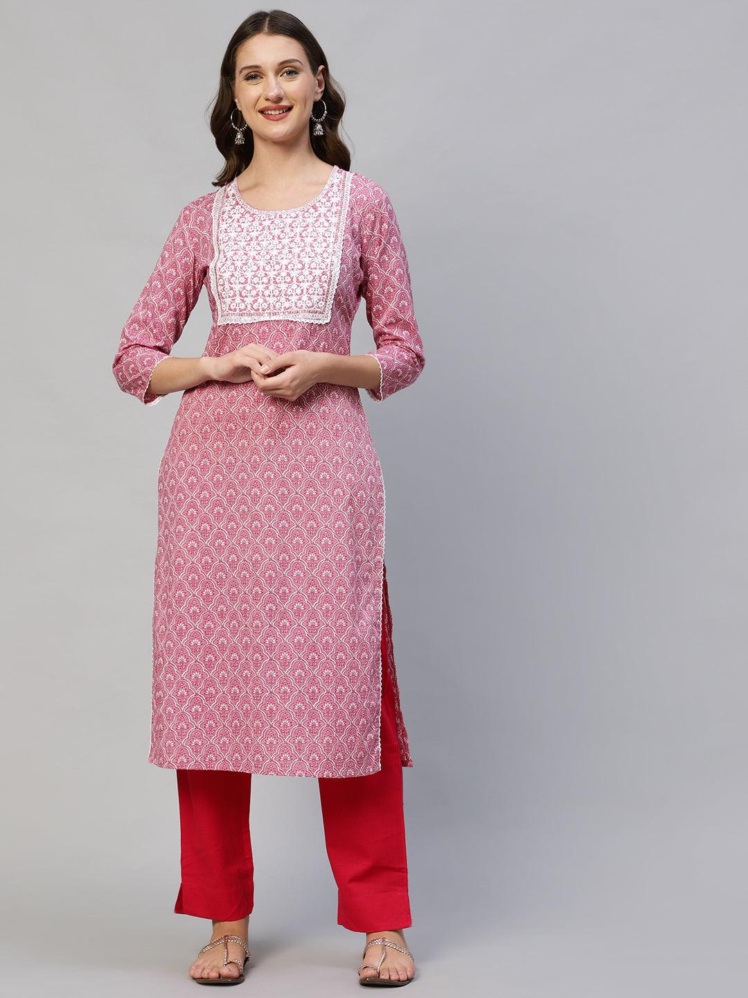 Ethnic Printed & Embroidered Straight Fit Kurta - Thulian Pink - Indiakreations