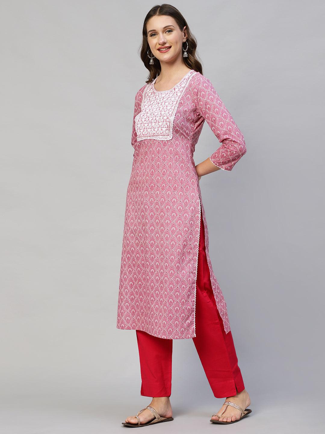 Ethnic Printed & Embroidered Straight Fit Kurta - Thulian Pink - Indiakreations