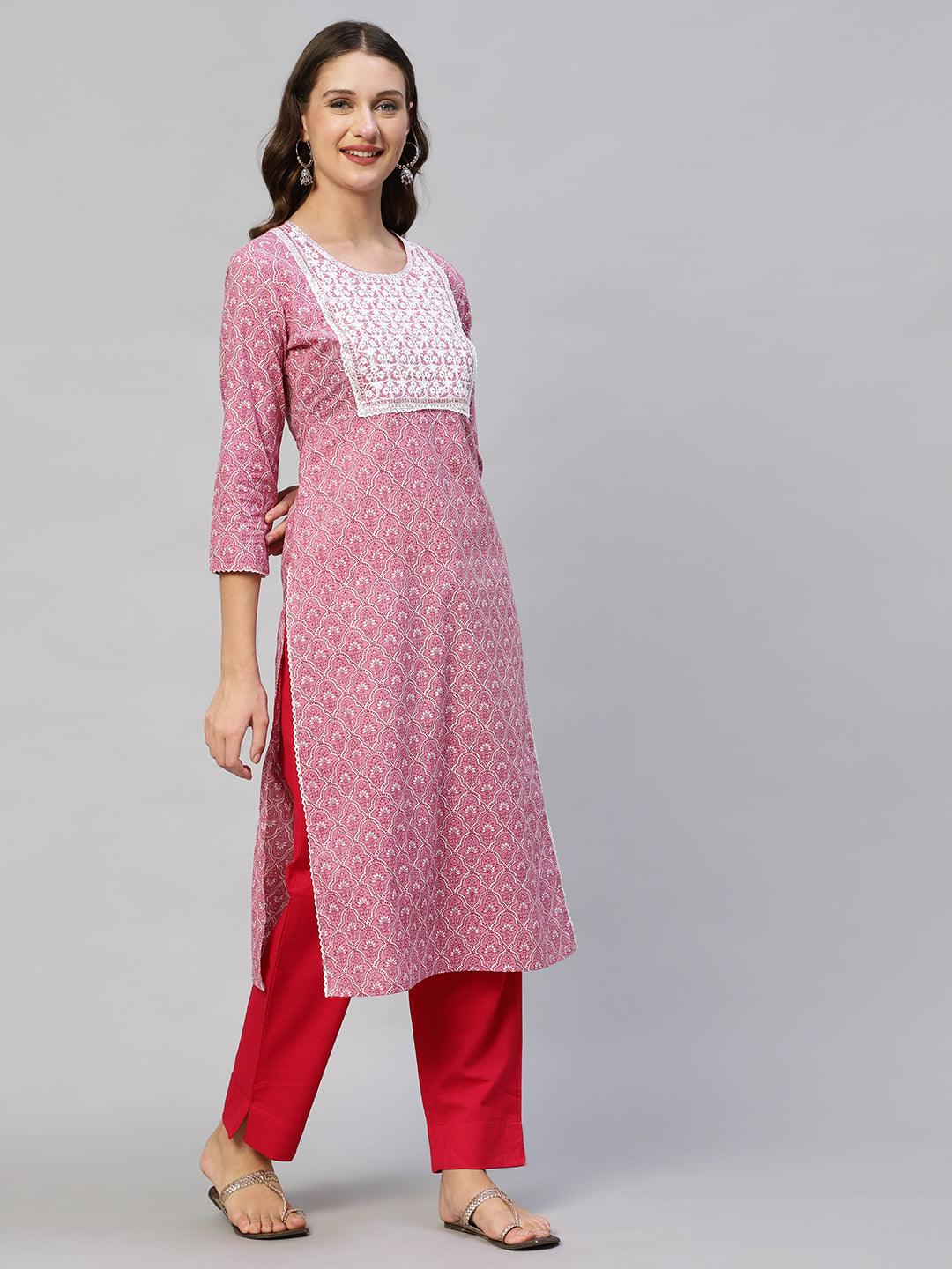 Ethnic Printed & Embroidered Straight Fit Kurta - Thulian Pink - Indiakreations