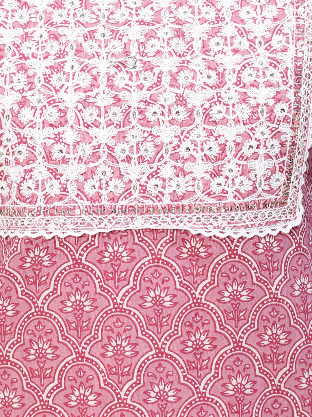 Ethnic Printed & Embroidered Straight Fit Kurta - Thulian Pink - Indiakreations