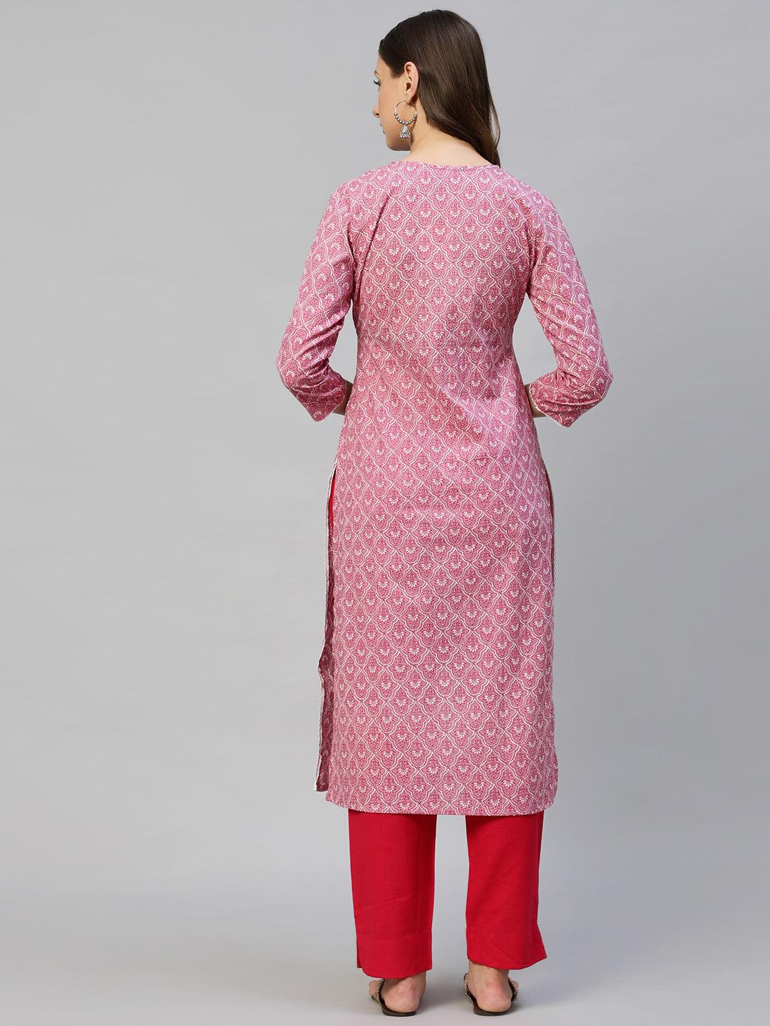 Ethnic Printed & Embroidered Straight Fit Kurta - Thulian Pink - Indiakreations