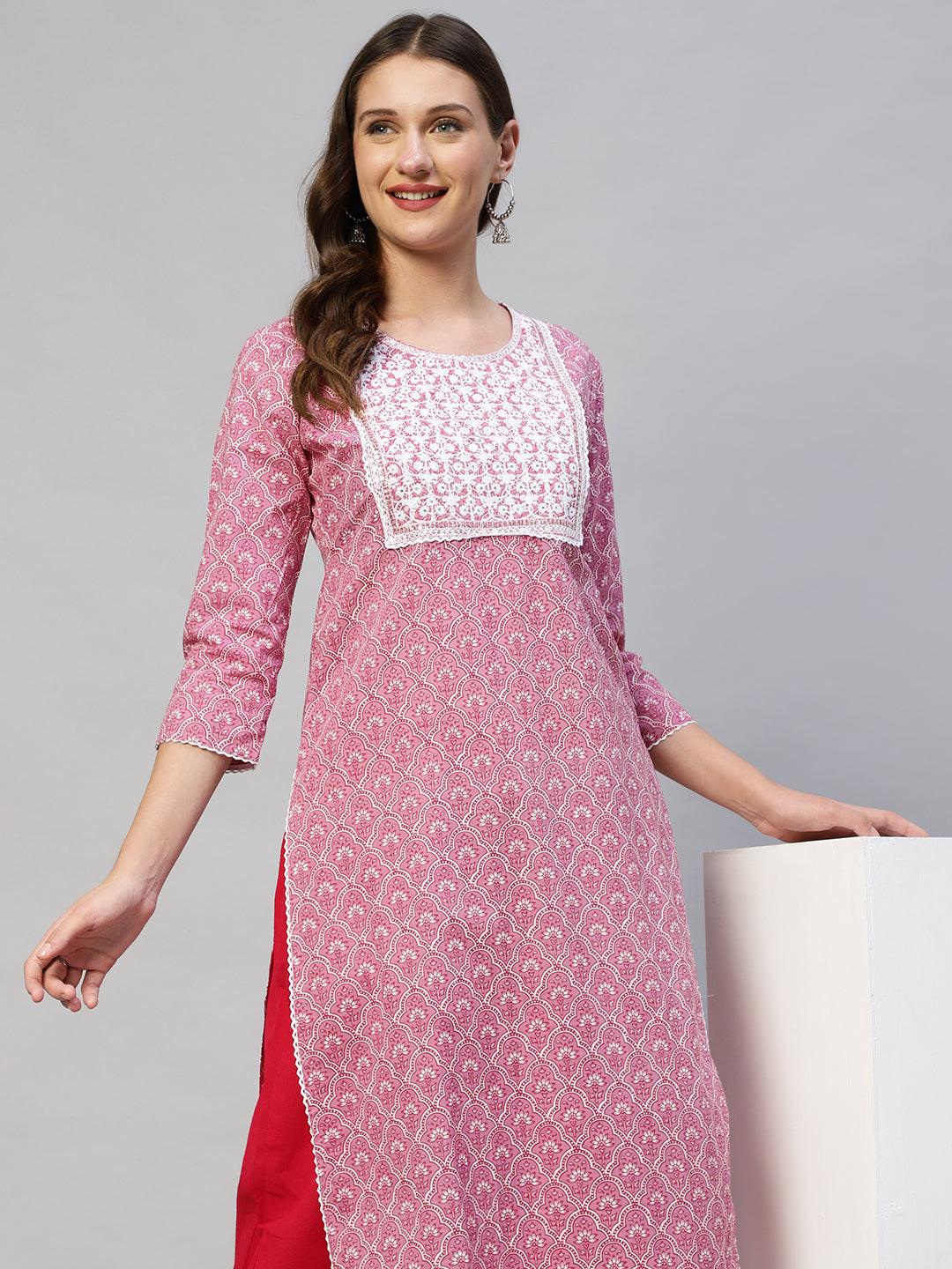 Ethnic Printed & Embroidered Straight Fit Kurta - Thulian Pink - Indiakreations