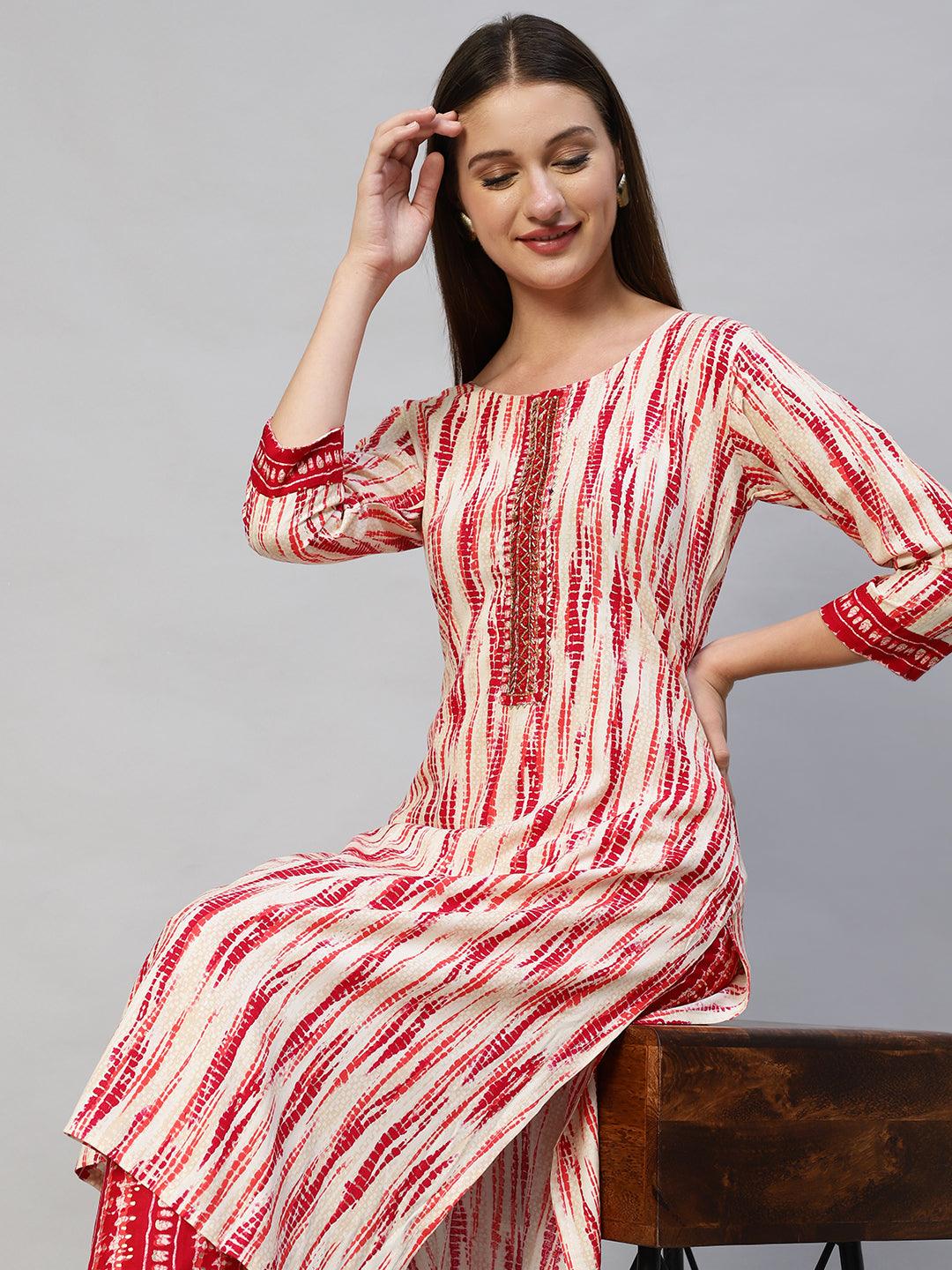 Tie-Dye Printed & Hand Embroidered Straight Fit Kurta with Pants - Red - Indiakreations