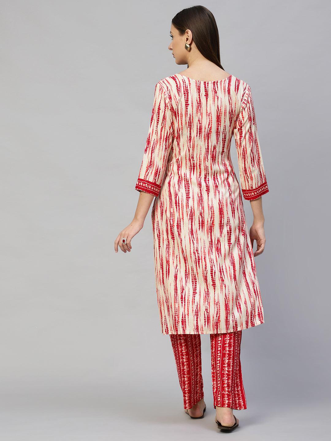 Tie-Dye Printed & Hand Embroidered Straight Fit Kurta with Pants - Red - Indiakreations