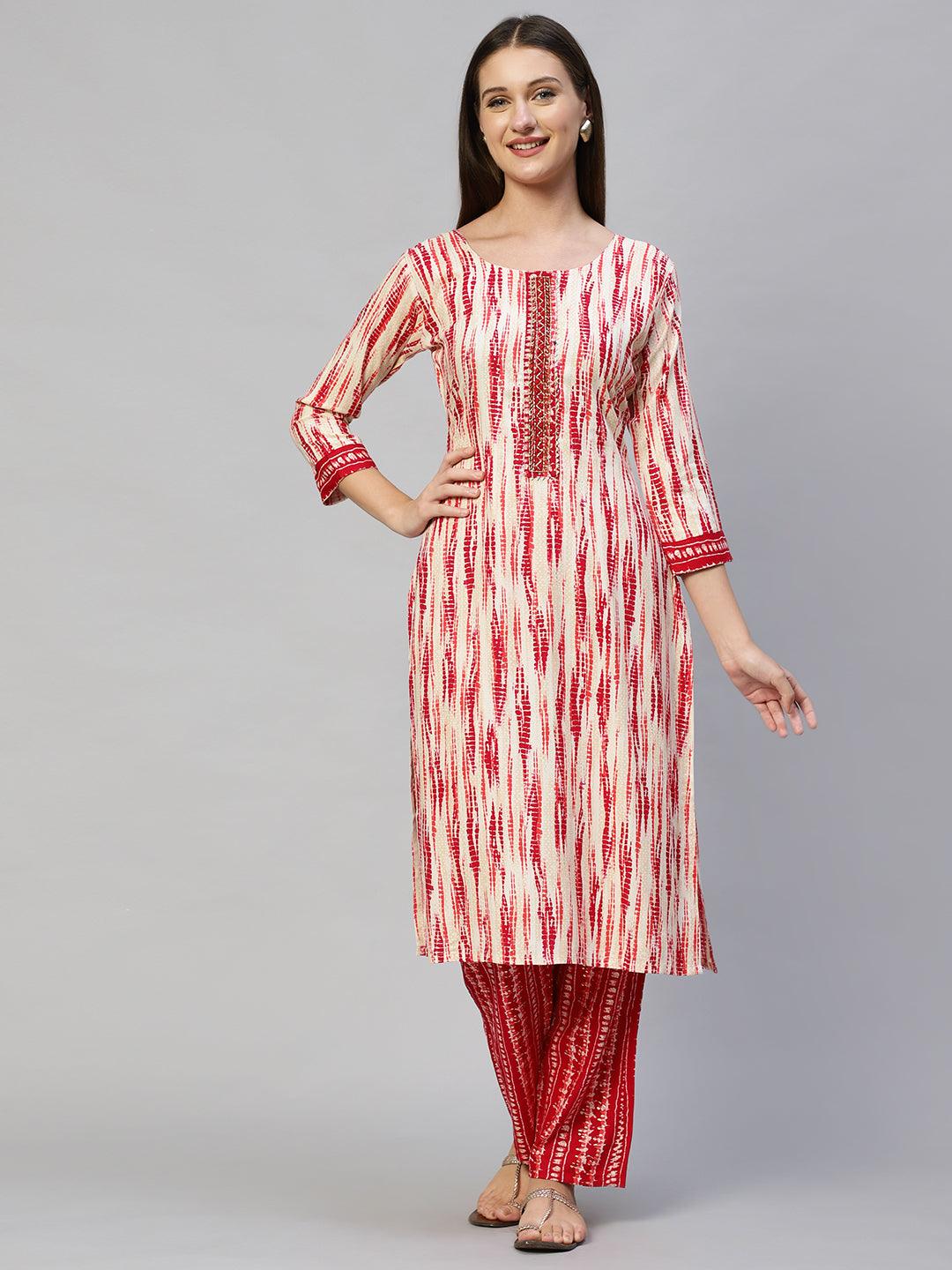 Tie-Dye Printed & Hand Embroidered Straight Fit Kurta with Pants - Red - Indiakreations