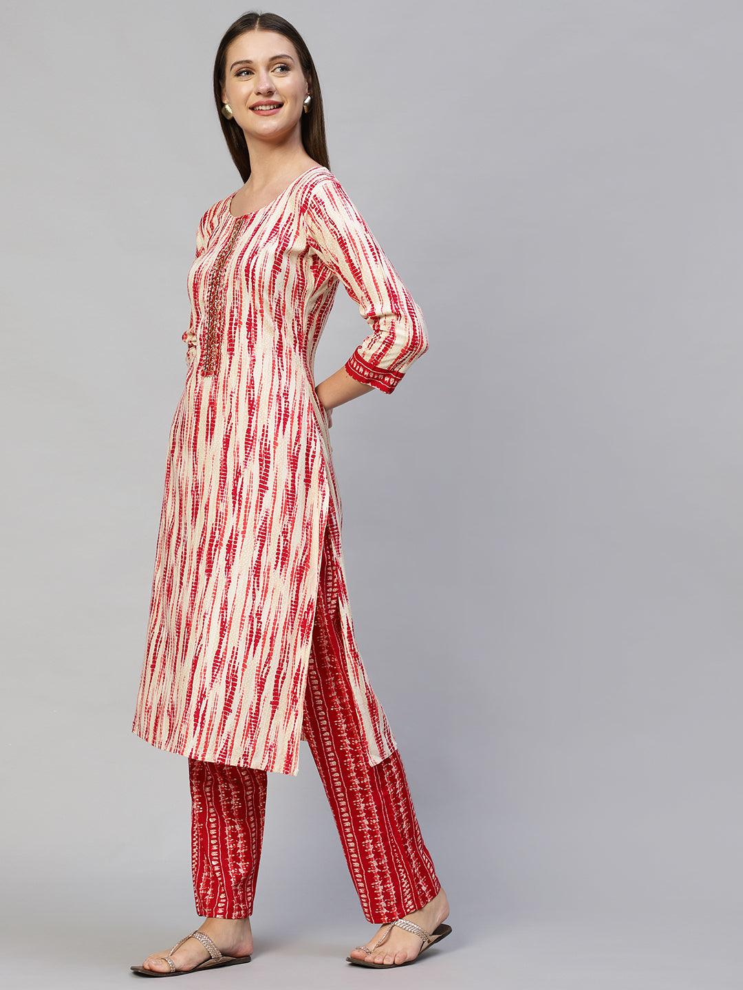 Tie-Dye Printed & Hand Embroidered Straight Fit Kurta with Pants - Red - Indiakreations