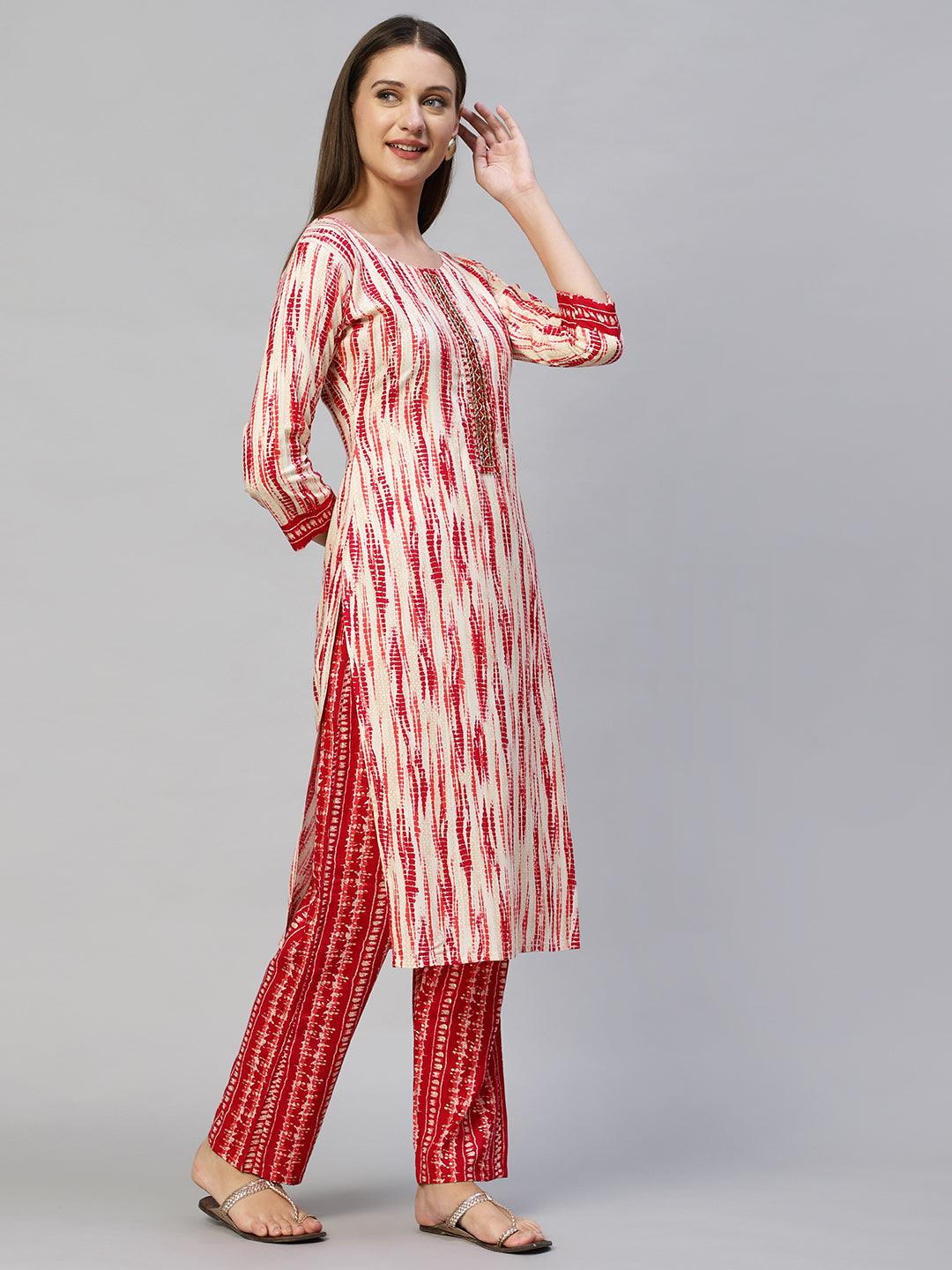 Tie-Dye Printed & Hand Embroidered Straight Fit Kurta with Pants - Red - Indiakreations