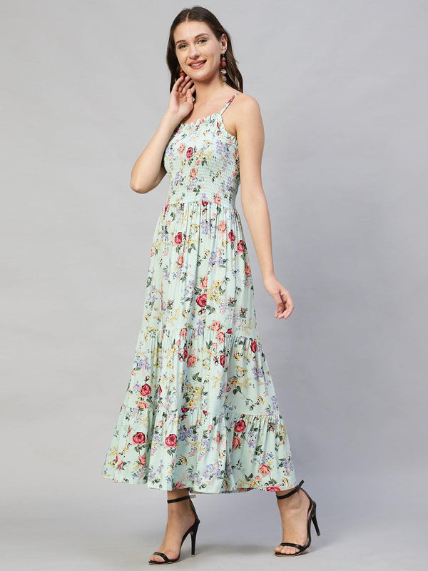 Floral Printed Tiered Flared Maxi Dress - Mint Green - Indiakreations