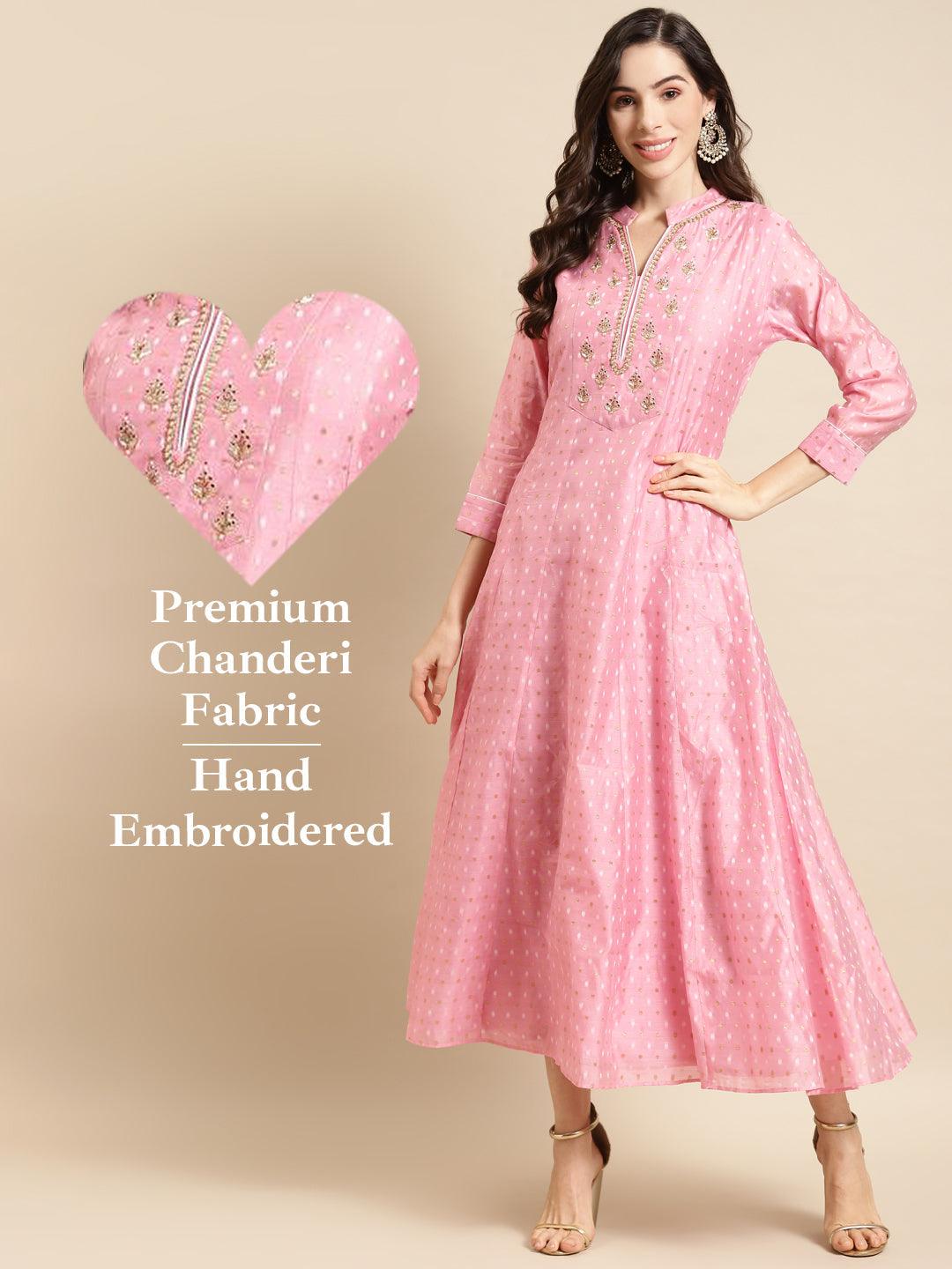 Ethnic Hand Embroidered Anarkali Maxi Dress - Pink - Indiakreations