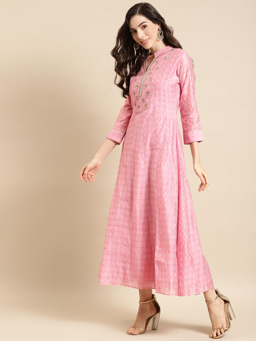 Ethnic Hand Embroidered Anarkali Maxi Dress - Pink - Indiakreations