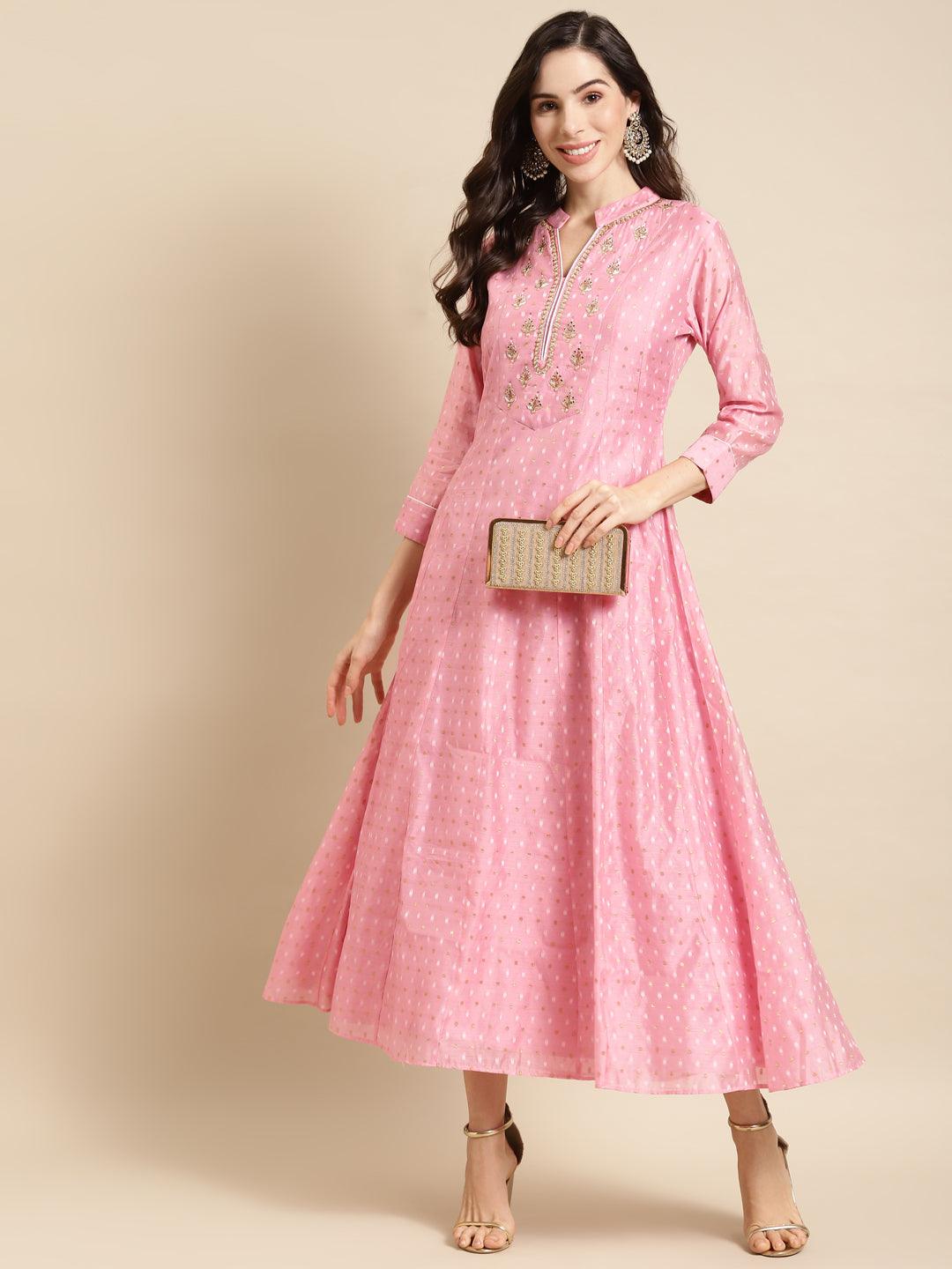 Ethnic Hand Embroidered Anarkali Maxi Dress - Pink - Indiakreations