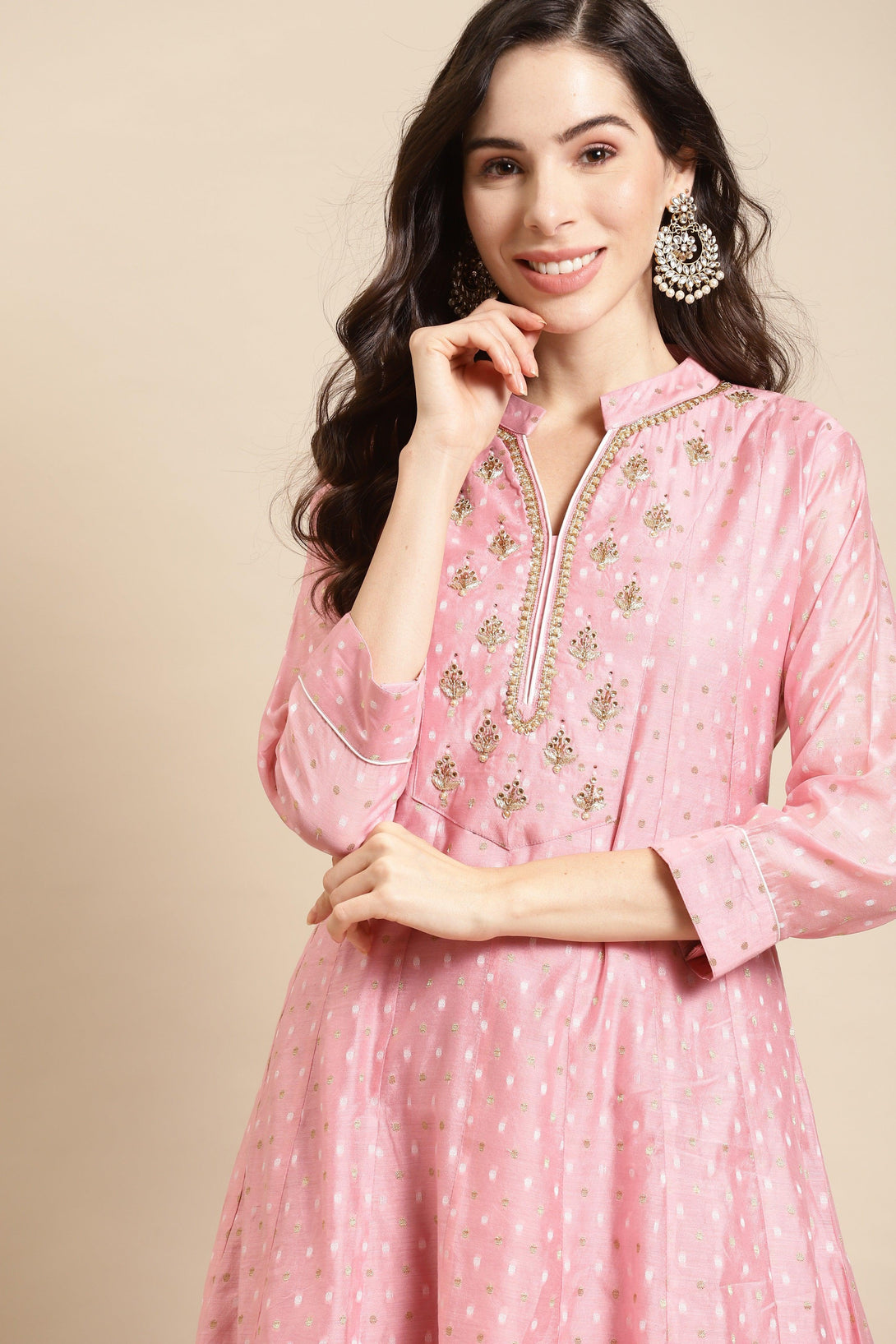 Ethnic Hand Embroidered Anarkali Maxi Dress - Pink - Indiakreations