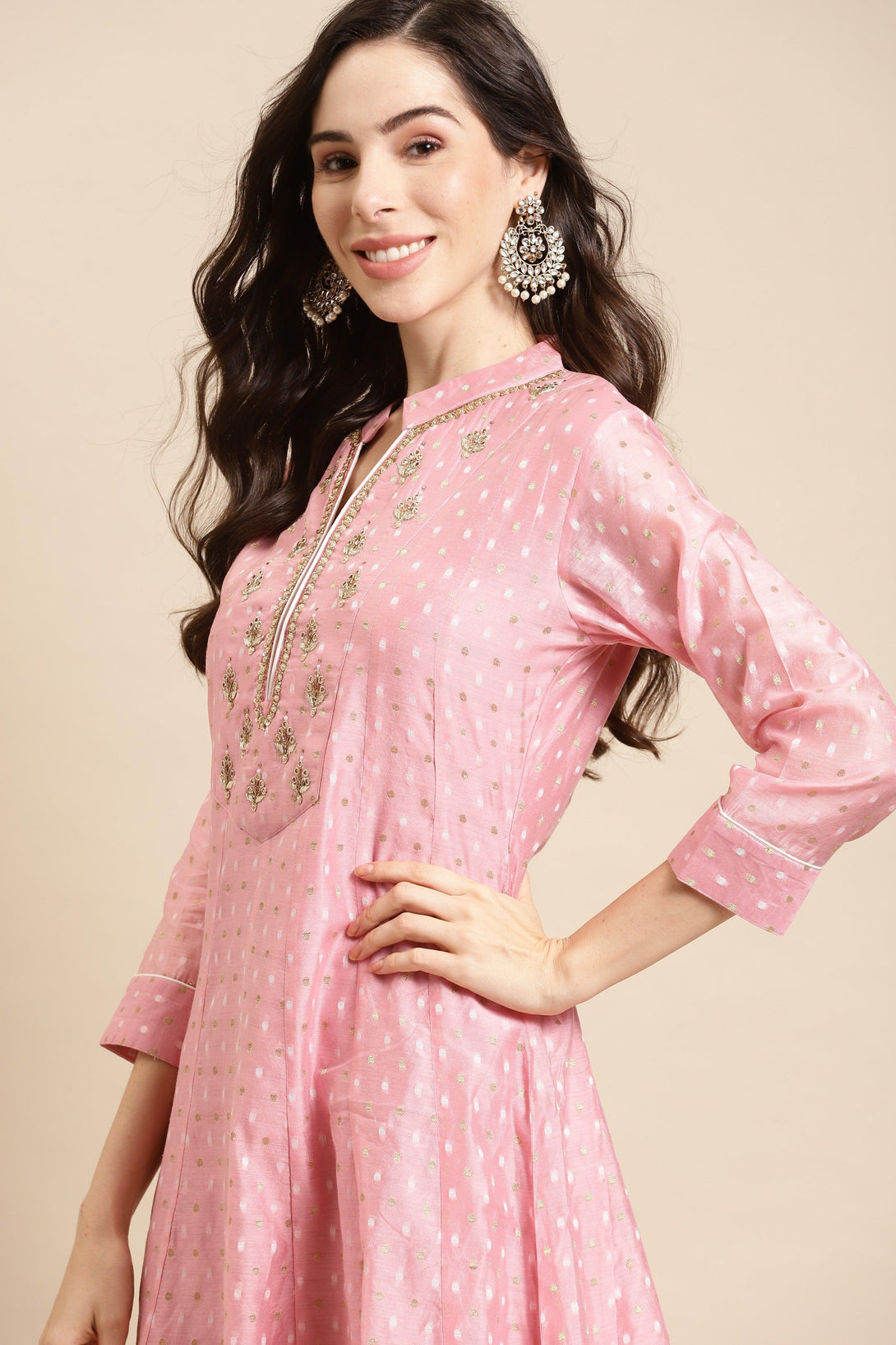 Ethnic Hand Embroidered Anarkali Maxi Dress - Pink - Indiakreations