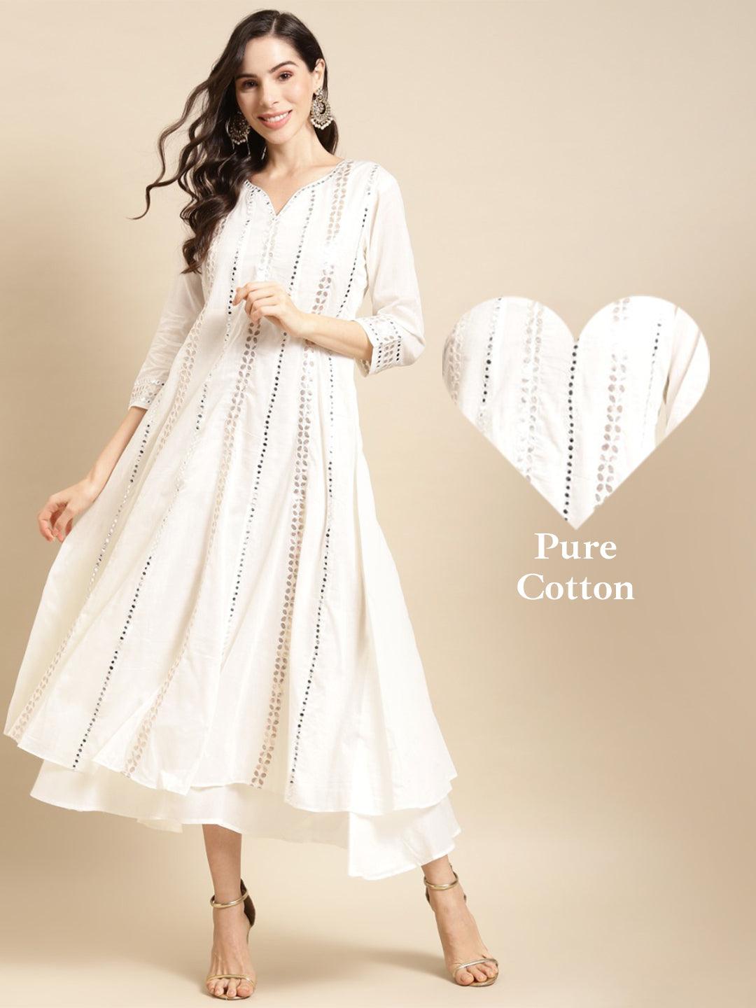 Ethnic Gota Embroidered Anarkali Maxi Dress - White - Indiakreations