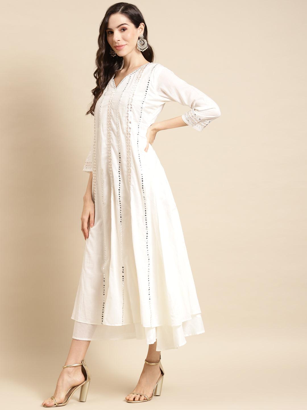 Ethnic Gota Embroidered Anarkali Maxi Dress - White - Indiakreations