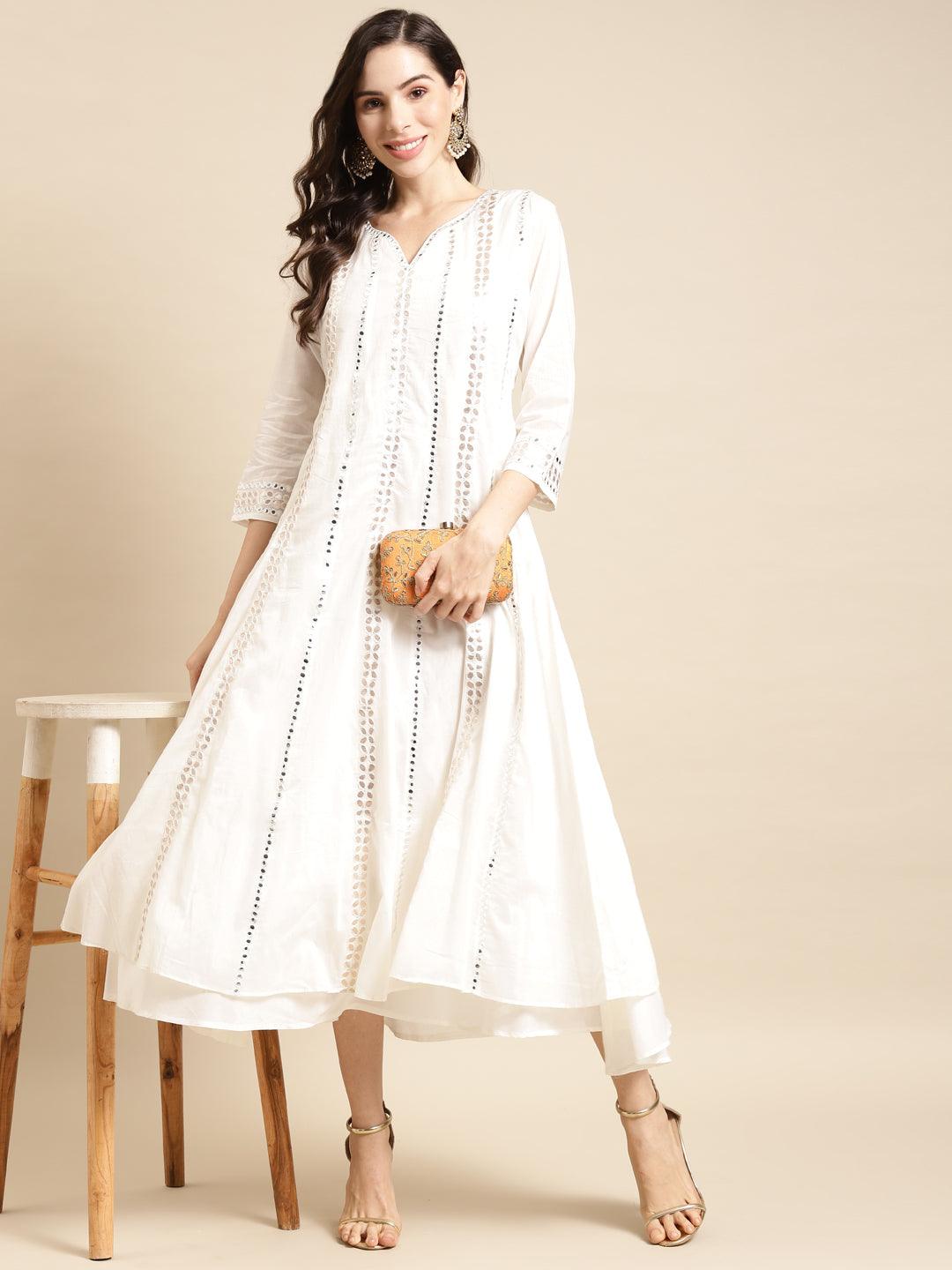 Ethnic Gota Embroidered Anarkali Maxi Dress - White - Indiakreations