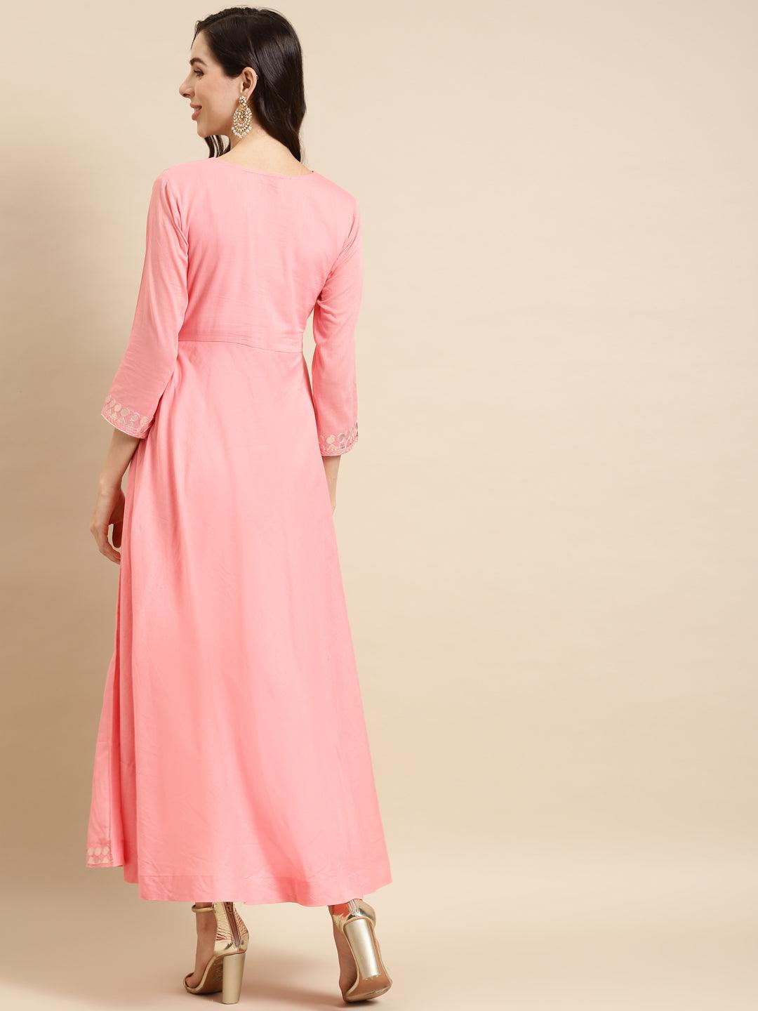 Ethnic Embroidered Flared Maxi Dress - Pink - Indiakreations