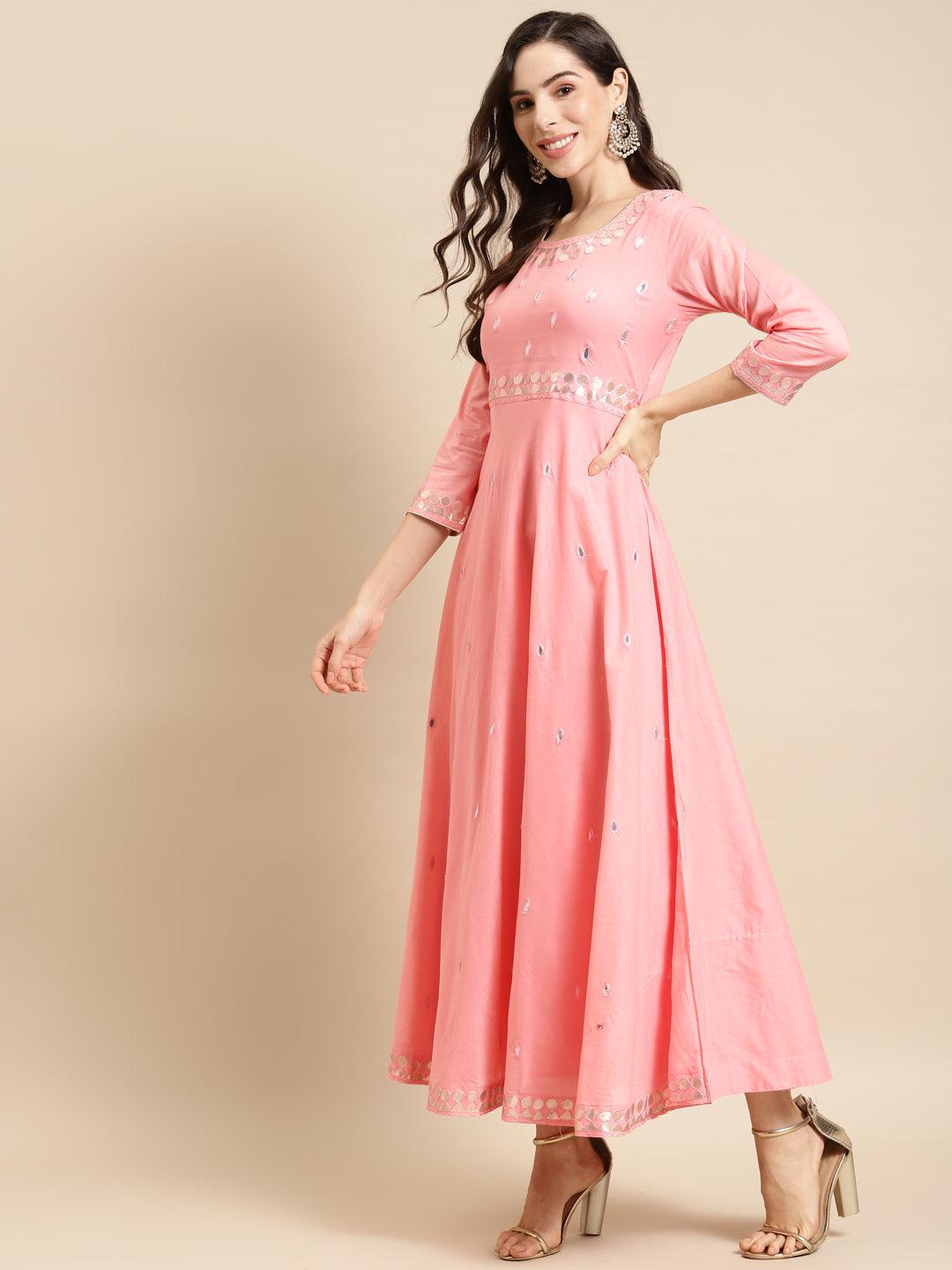 Ethnic Embroidered Flared Maxi Dress - Pink - Indiakreations