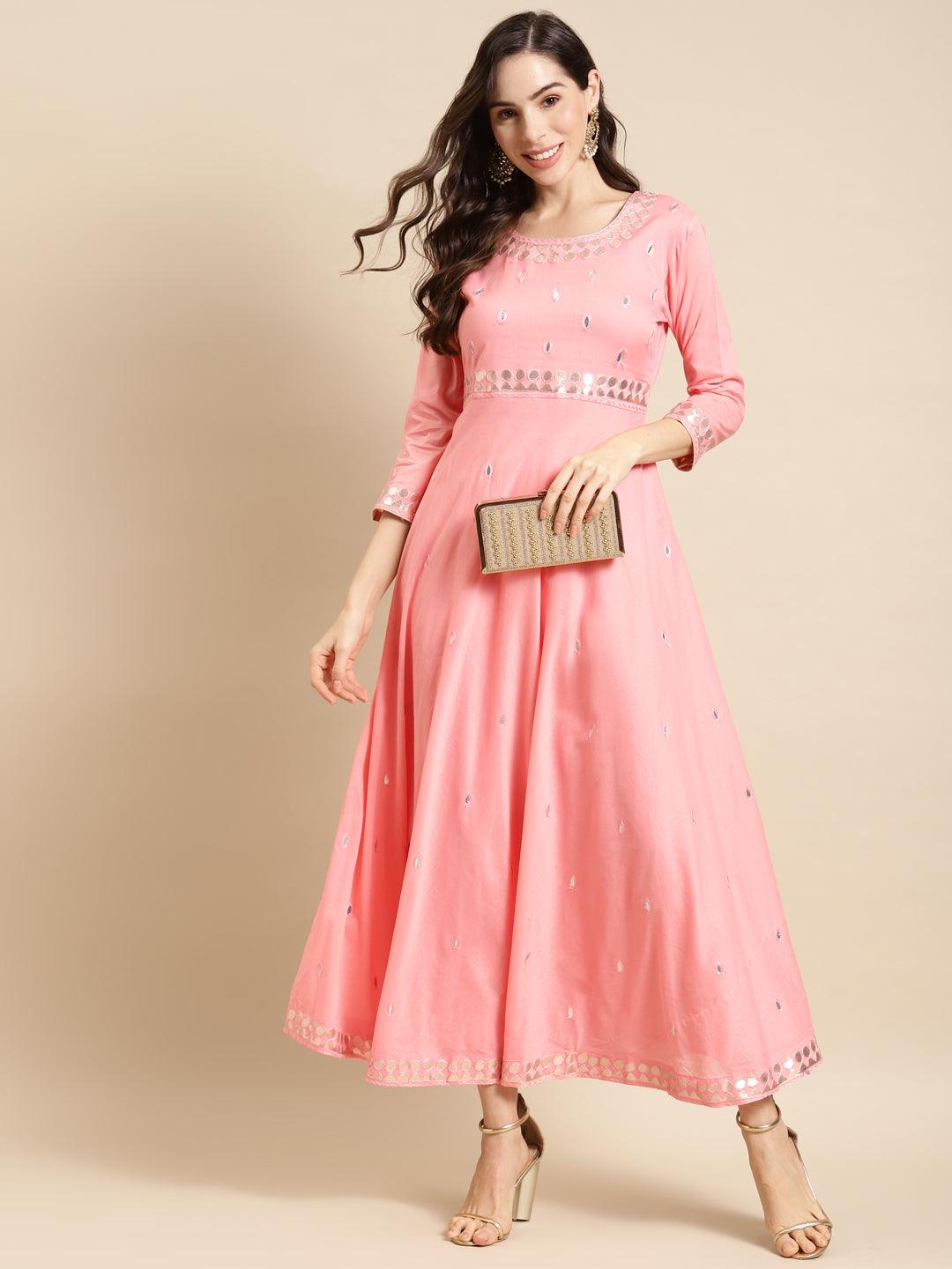 Ethnic Embroidered Flared Maxi Dress - Pink - Indiakreations