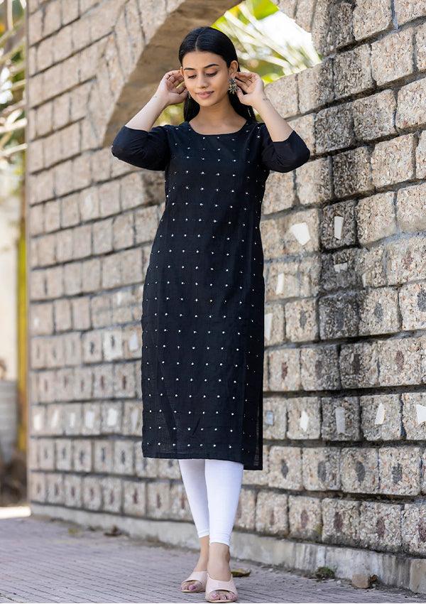 Black Solid Mirror Embellished Cotton Casual Kurta - Indiakreations