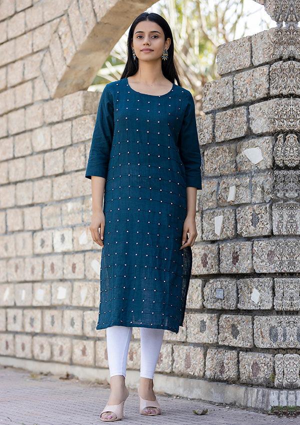 Navy Blue Solid Mirror Embellished Cotton Casual Kurta - Indiakreations