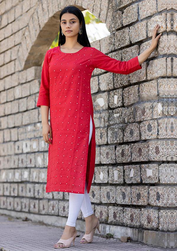 Red Solid Mirror Embellished Cotton Casual Kurta - Indiakreations