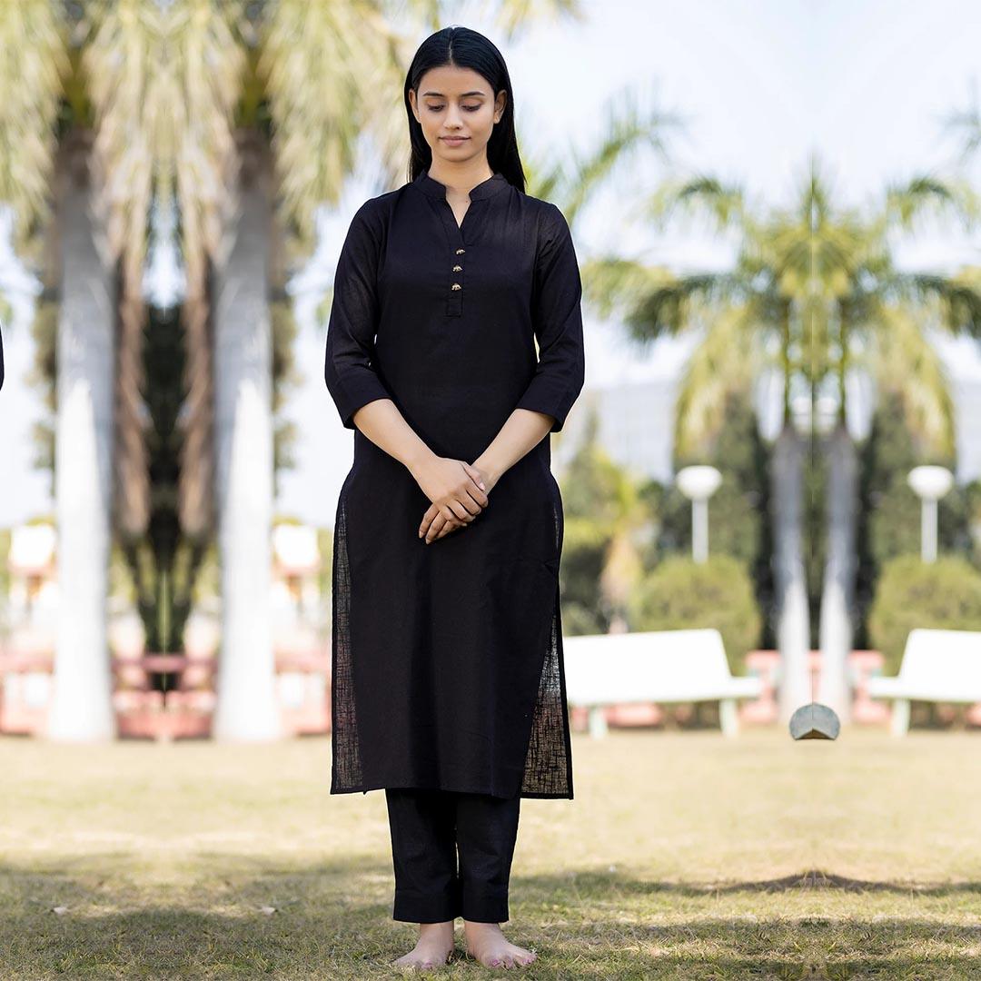 Black Solid Cotton Kurta Pant Set - Indiakreations