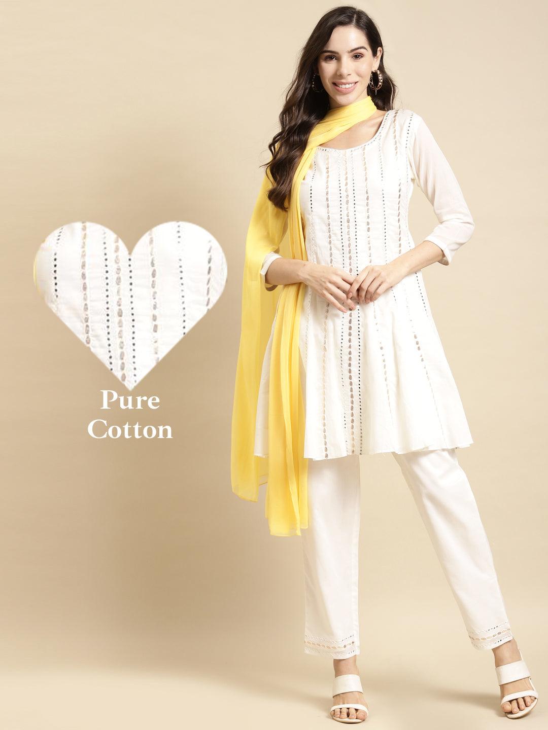 Embroidered Short Anarkali Kurta with Pants and Dupatta - White - Indiakreations