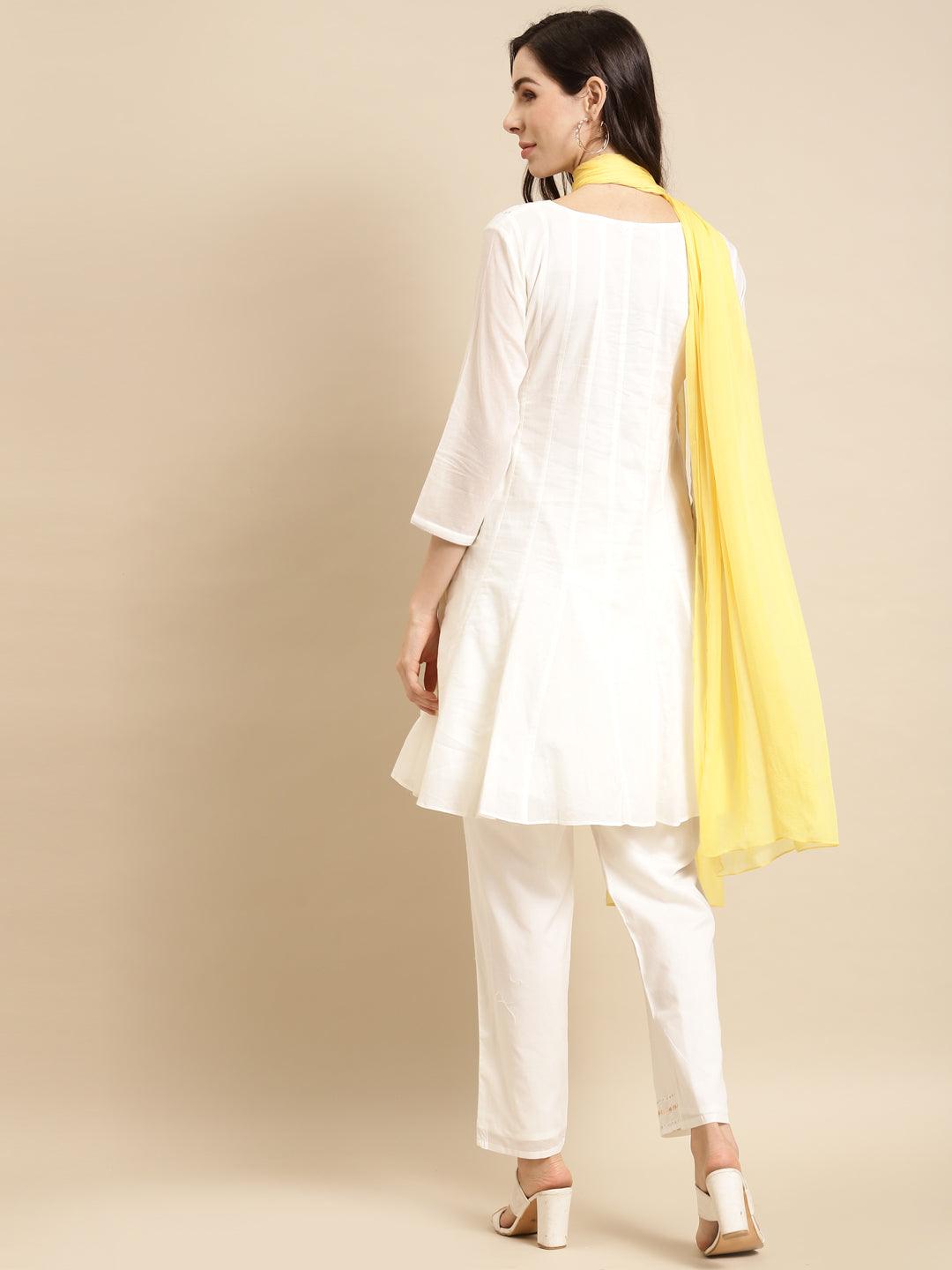 Embroidered Short Anarkali Kurta with Pants and Dupatta - White - Indiakreations