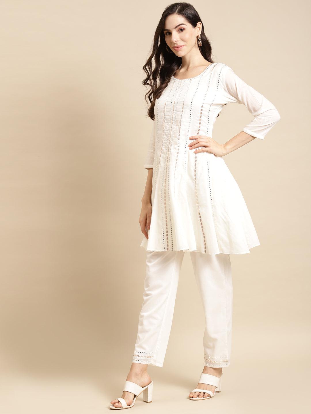 Embroidered Short Anarkali Kurta with Pants and Dupatta - White - Indiakreations