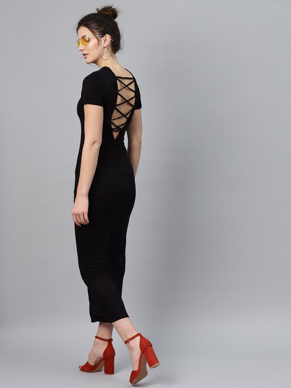 Women's Black Back Criss Cross Neck Maxi - SASSAFRAS - Indiakreations