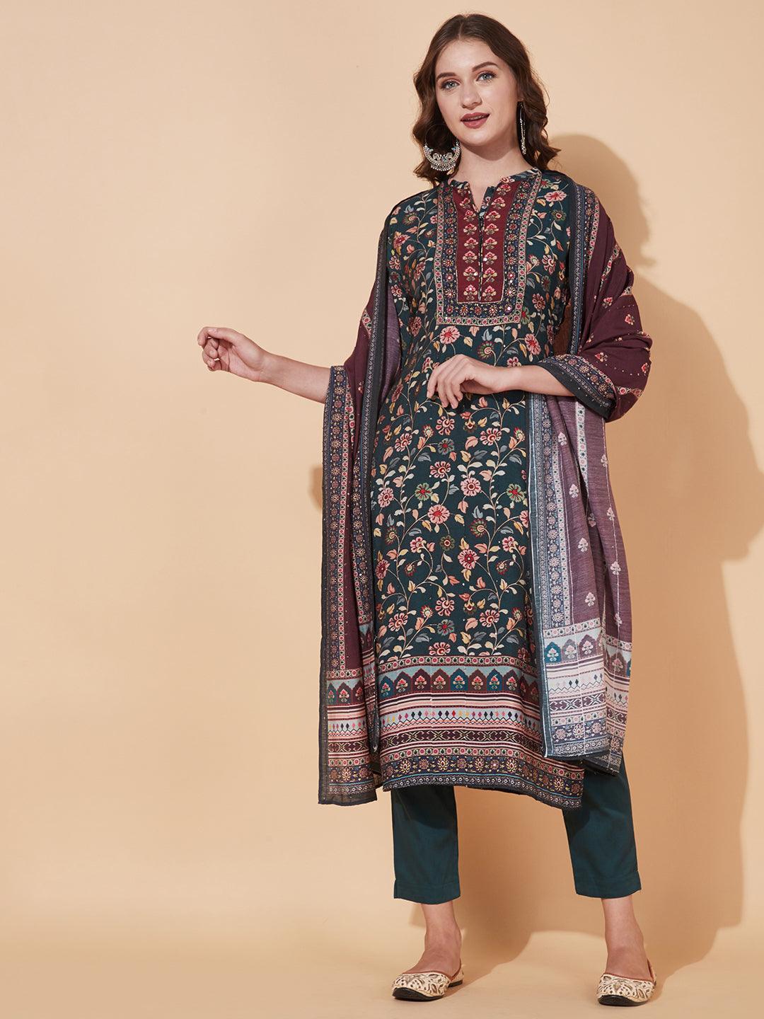 Floral Printed & Embroidered Kurta with Pants & Dupatta – Sea Green - Indiakreations