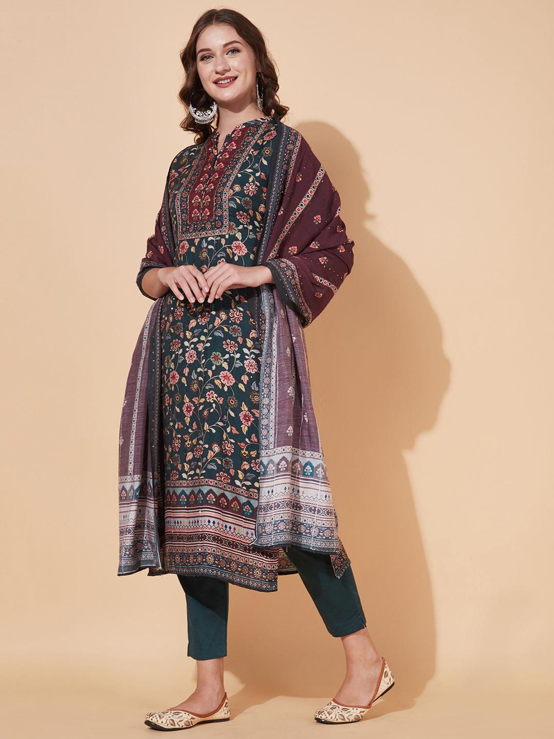 Floral Printed & Embroidered Kurta with Pants & Dupatta – Sea Green - Indiakreations