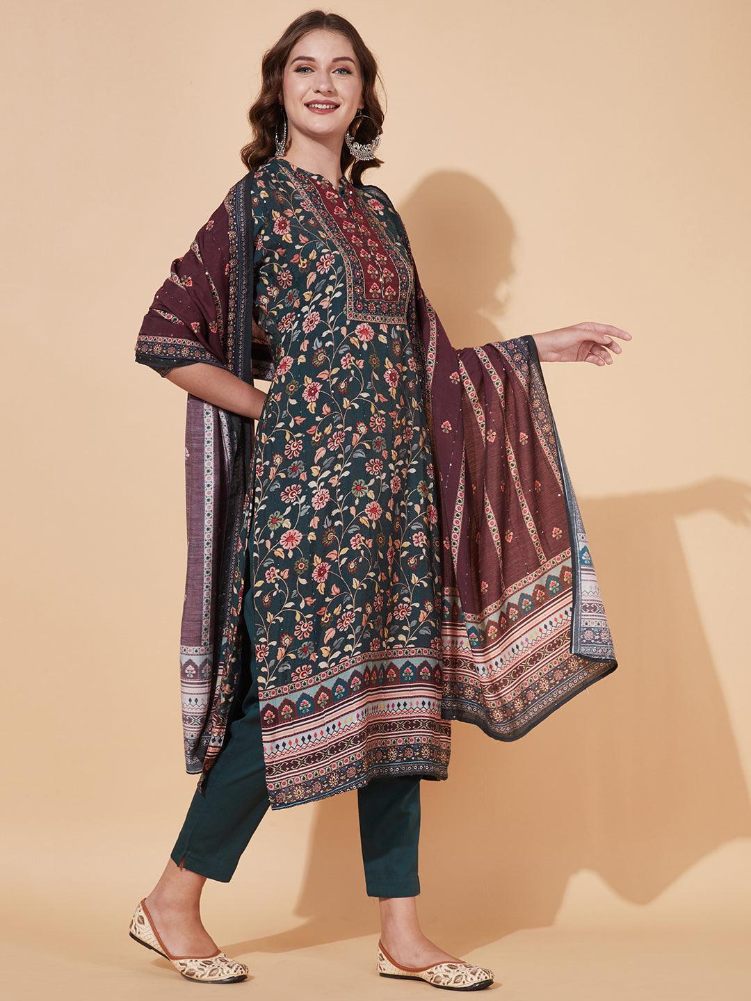 Floral Printed & Embroidered Kurta with Pants & Dupatta – Sea Green - Indiakreations