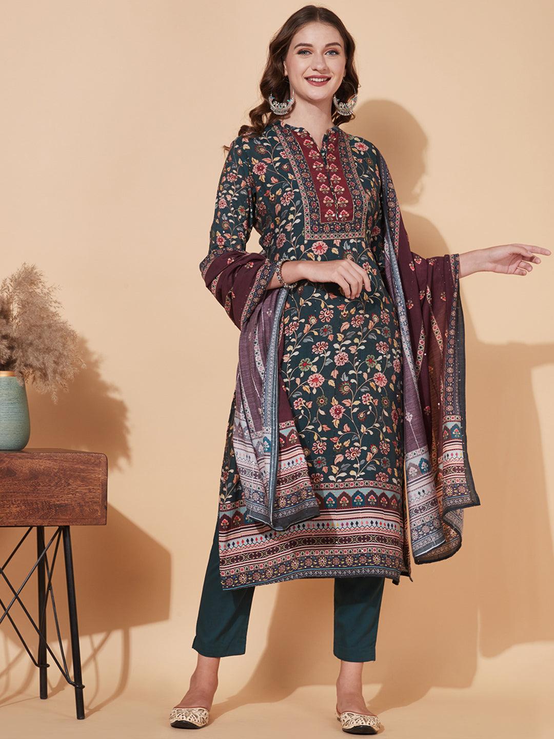 Floral Printed & Embroidered Kurta with Pants & Dupatta – Sea Green - Indiakreations