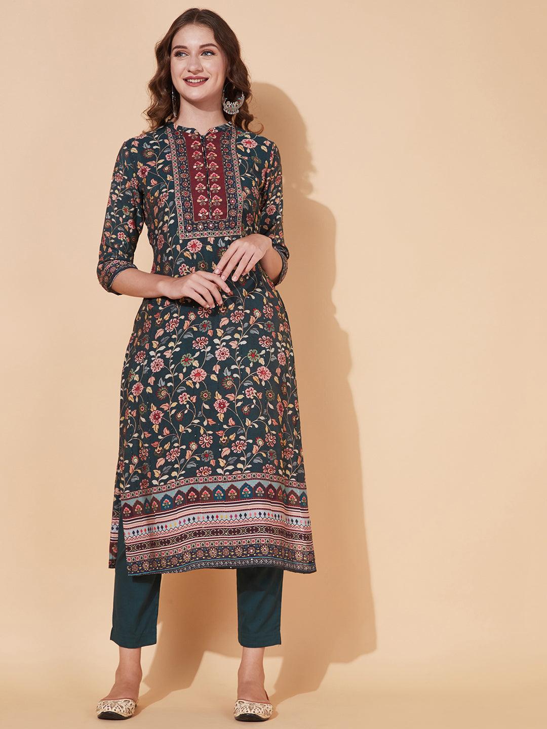 Floral Printed & Embroidered Kurta with Pants & Dupatta – Sea Green - Indiakreations