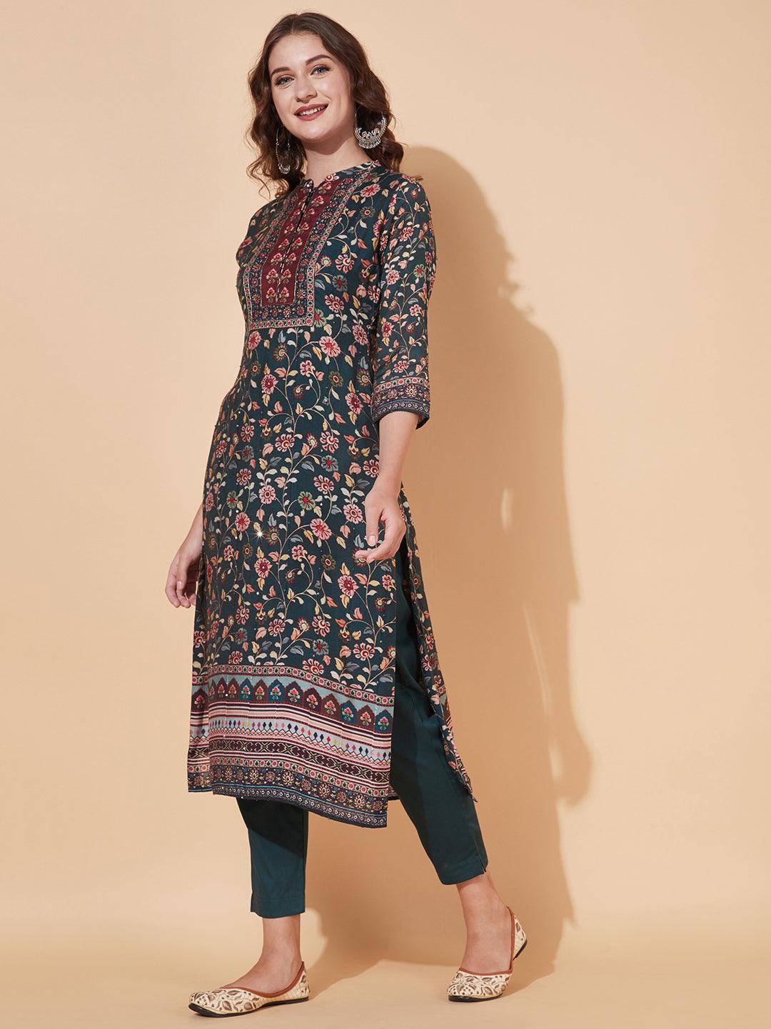 Floral Printed & Embroidered Kurta with Pants & Dupatta – Sea Green - Indiakreations