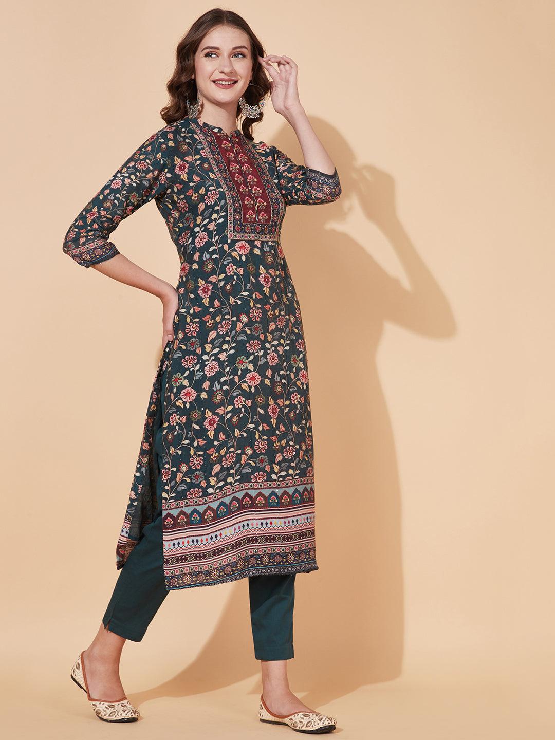 Floral Printed & Embroidered Kurta with Pants & Dupatta – Sea Green - Indiakreations